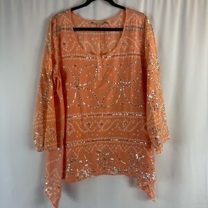 Soft Surroundings Top L Womens orange Sequin Embroidered Woven Tunic size:L